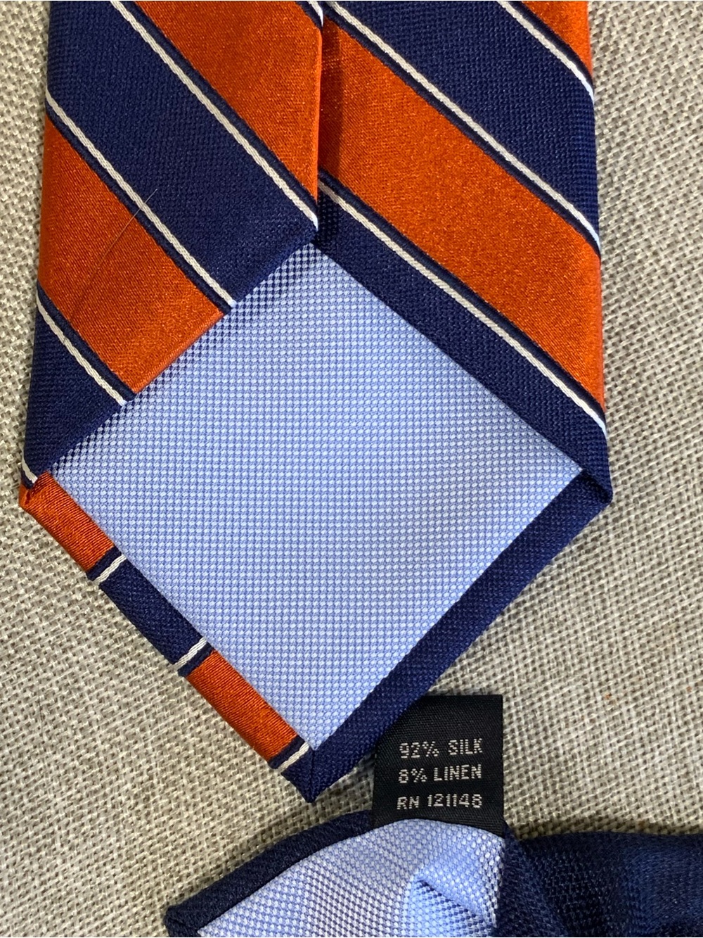 Tommy Hilfiger Repp Stripe Tie Silk Linen Navy Orange - Picture 5 of 8